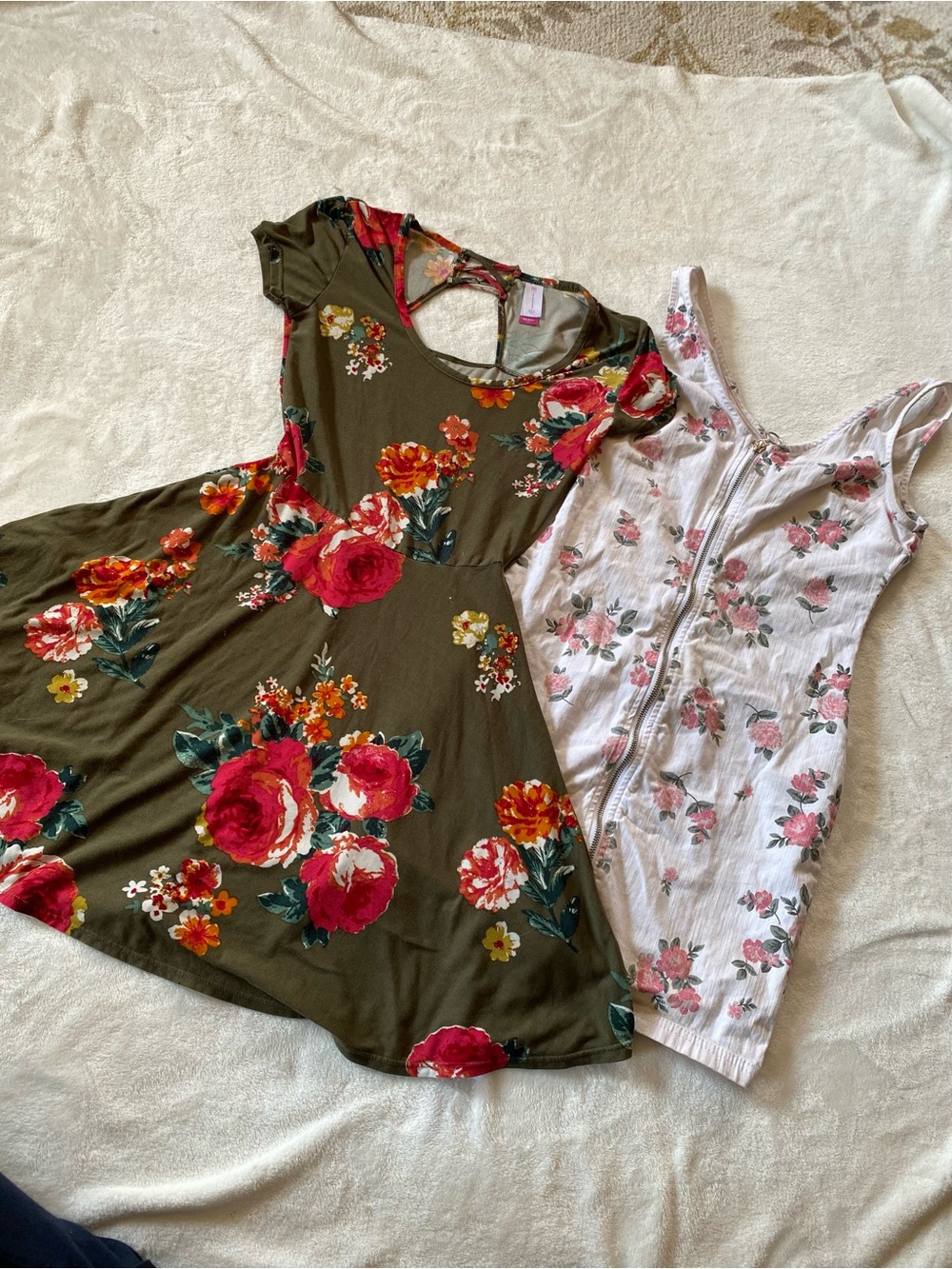 Lot of 2 No Boundaries Olive Green Floral Mini White with Pink Floral Dress